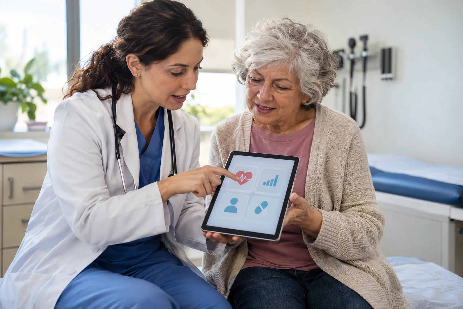 A doctor explaining digital health information on a tablet to an older woman